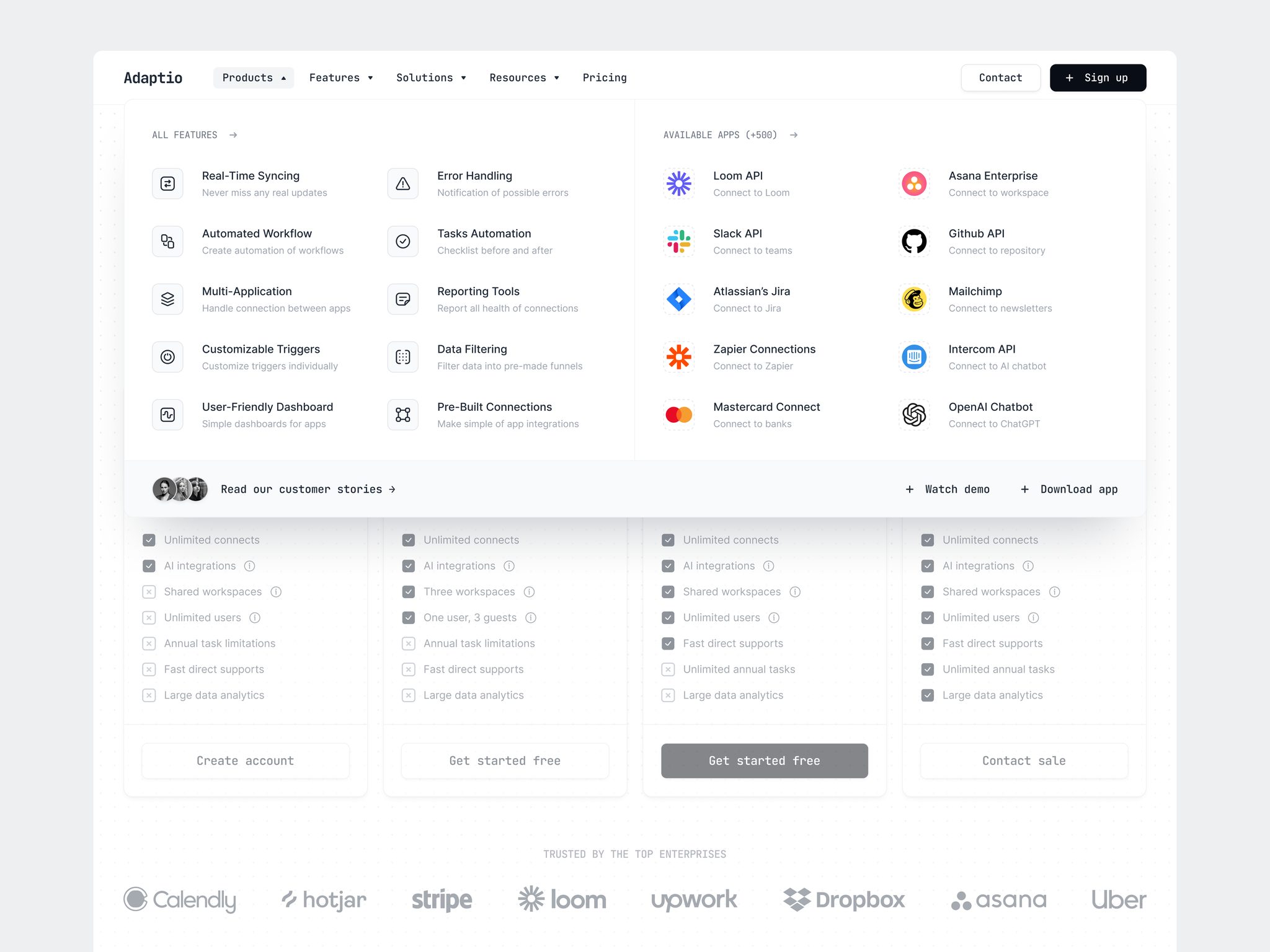 Website navigation mega menu with features and app integrations