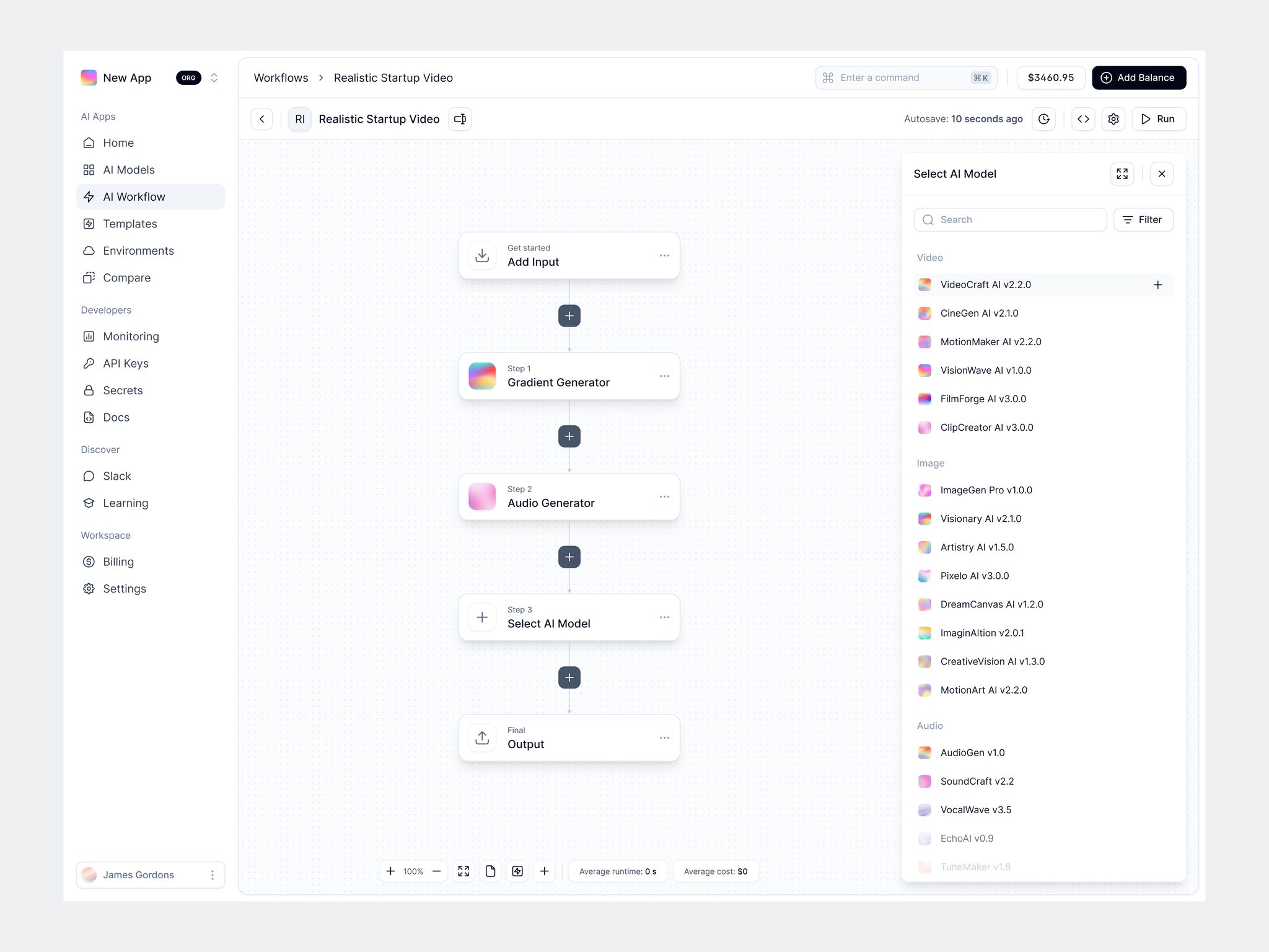 AI workflow builder with step nodes and a model picker
