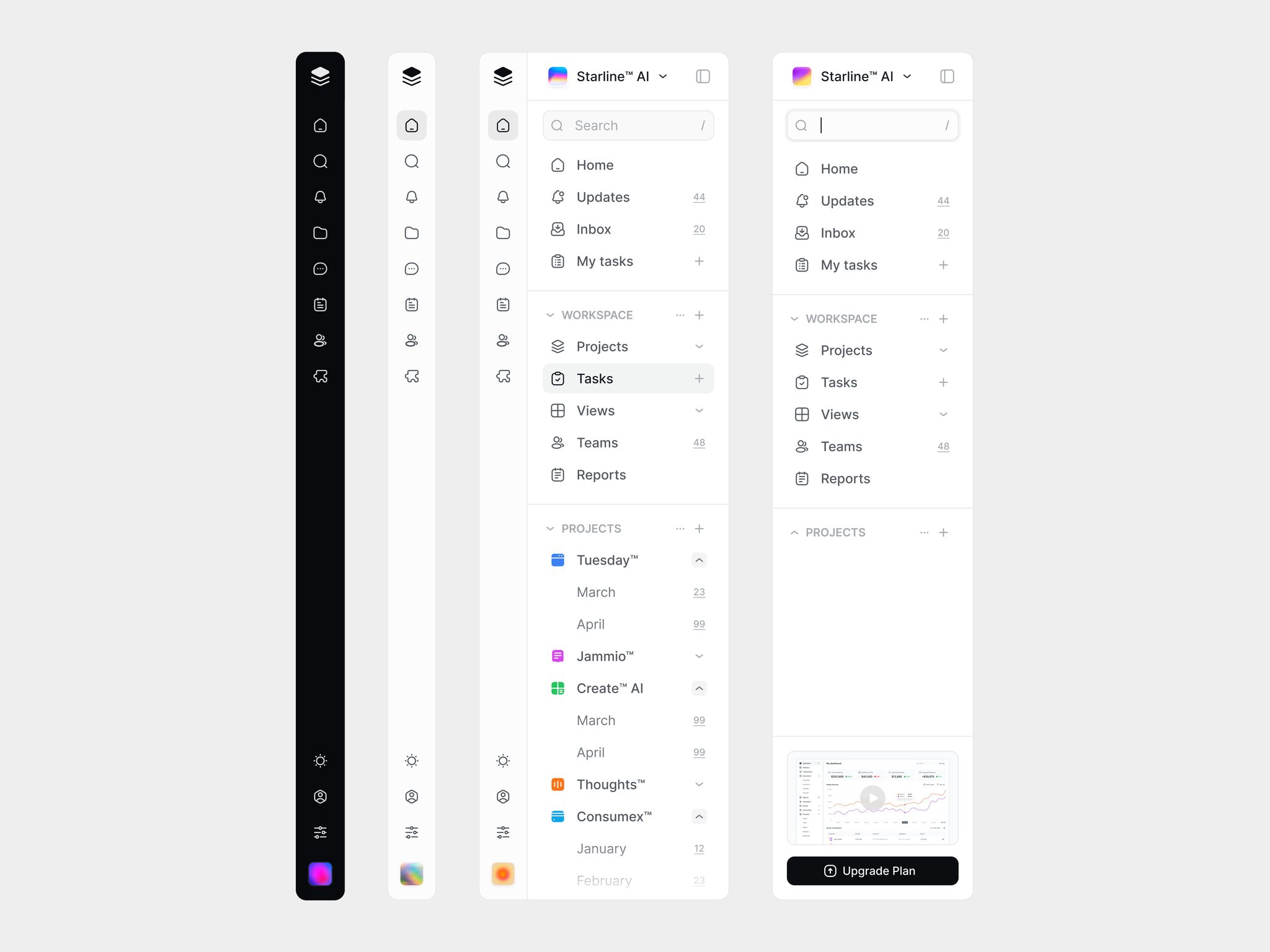 Light sidebar navigation variations for a project app