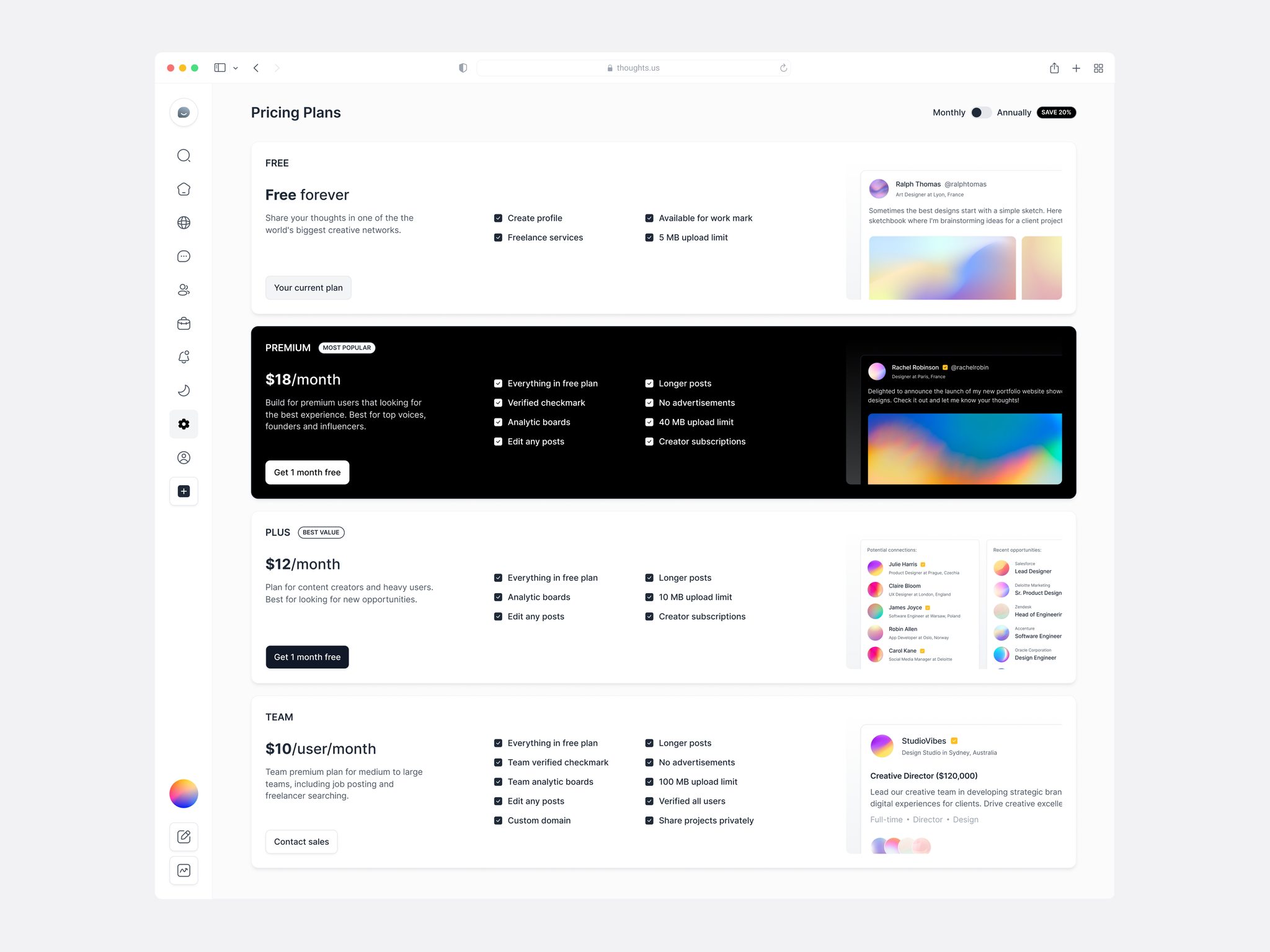 Pricing plans page with free, premium, plus and team tiers