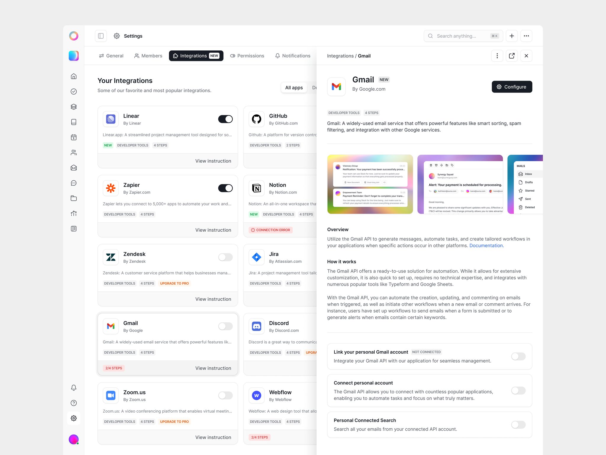 Integrations settings with a Gmail detail panel
