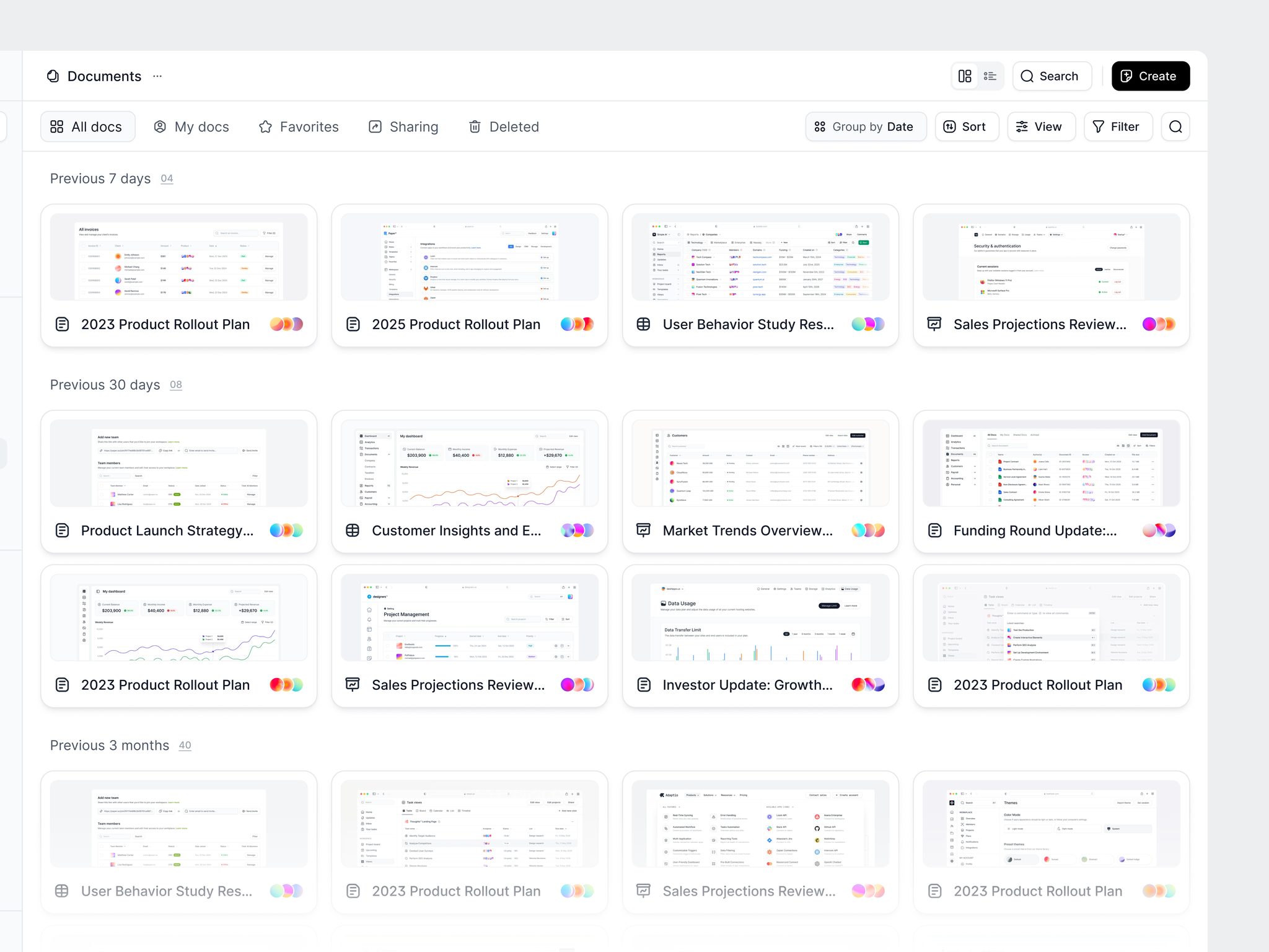 Documents grid with preview thumbnails grouped by date