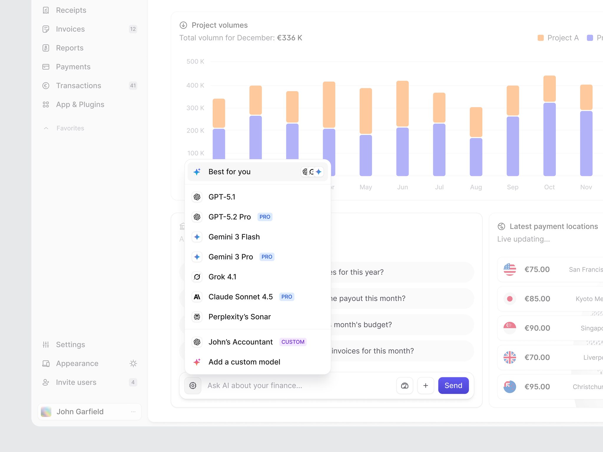 Finance dashboard with an AI model picker